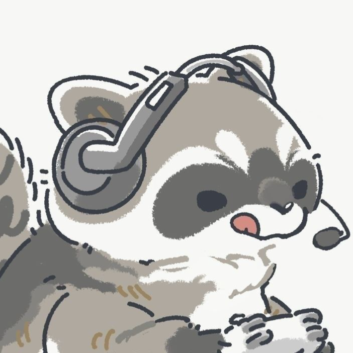 An excited raccoon wearing headphones and holding a game controller in its hand, playing away.